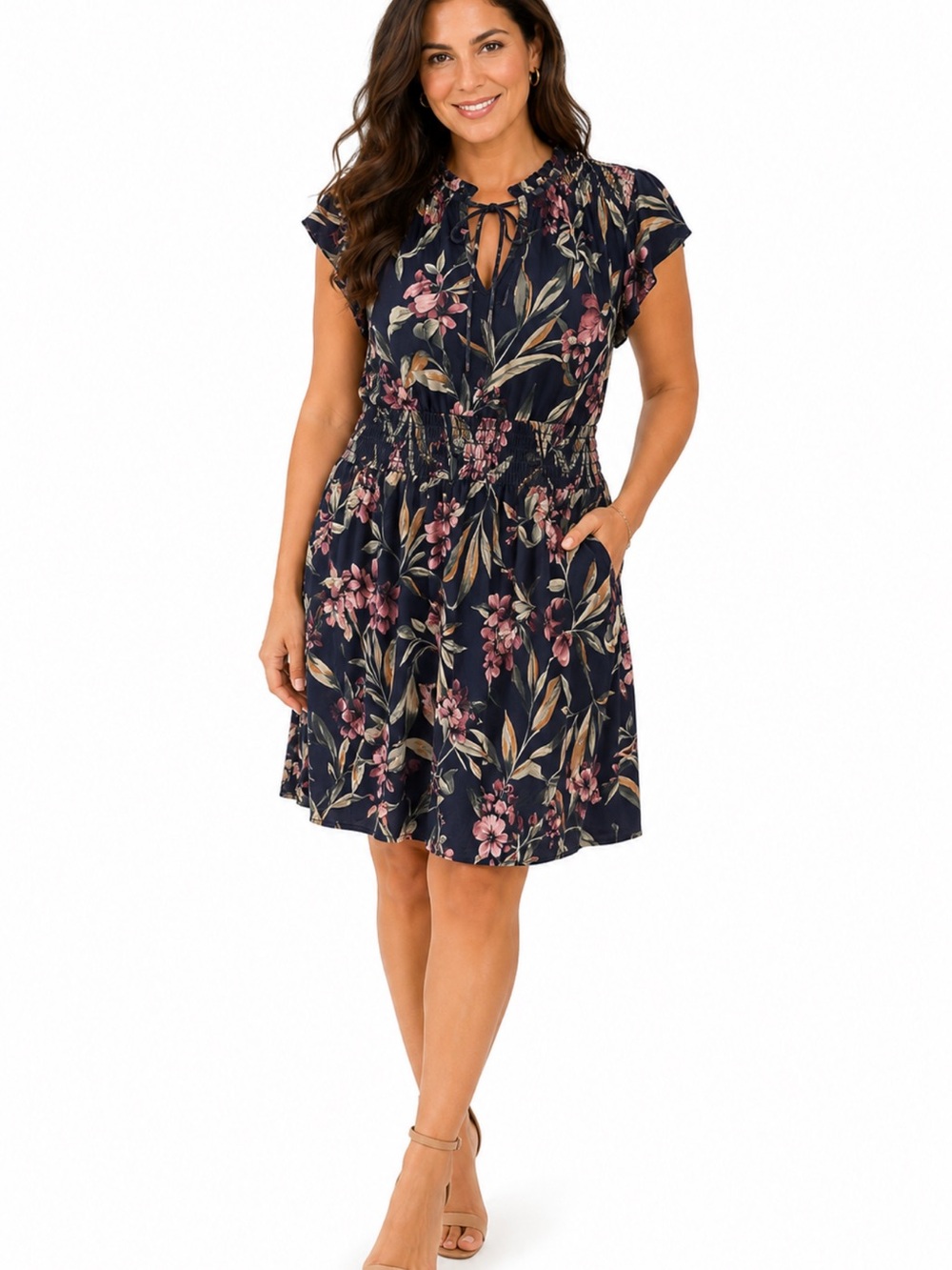 Reitmans Navy Floral Midi Dress with Pink & Cream Accents